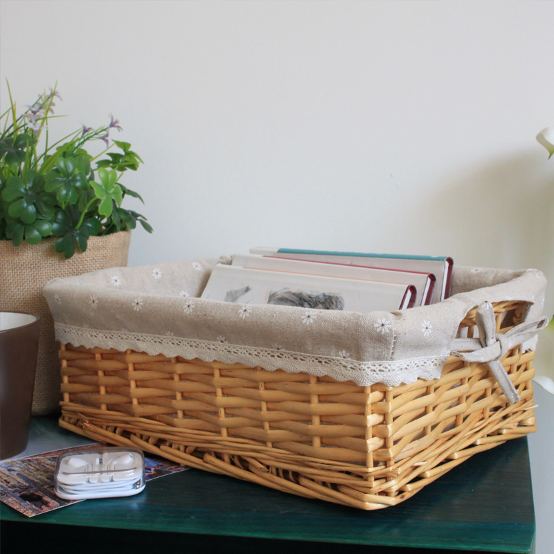 收纳筐家居化妆品收纳盒藤编办公桌面杂物遥控器收纳篮子_2 蜜糖色筐+白雏菊里布