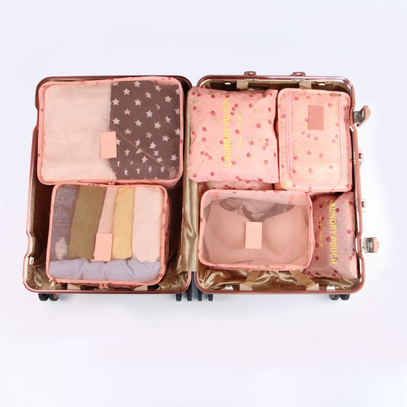 便携衣物旅行收纳袋套装行李箱收纳包旅游整理袋_1 七件套樱桃粉色