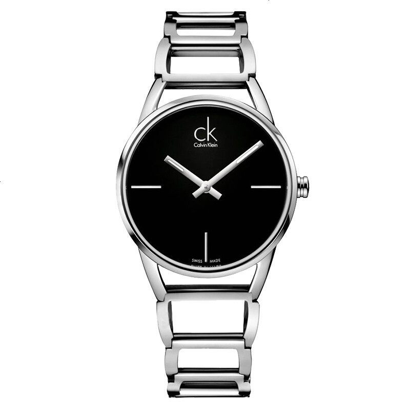 CK卡文克莱手表 表盘直径约32mm STATELY系列女表简约时分针夜光黑盘钢带 石英表 K3G23121_860 黑色