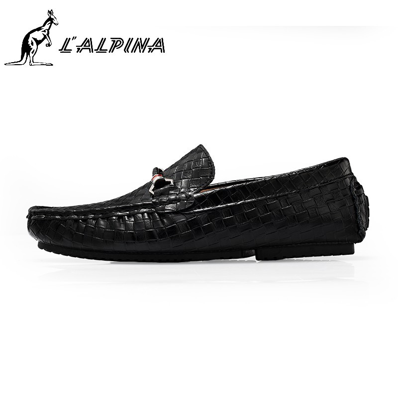 阿尔皮纳(L’ALPINA)意大利袋鼠男潮鞋透气四季潮鞋 2018新款英伦风帆鞋真皮软底驾车鞋男青年编织豆豆鞋 黑色 42码