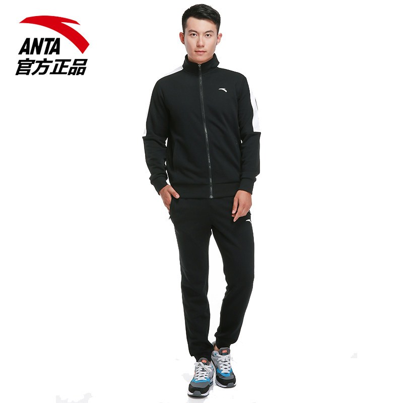 安踏运动服套装男士休闲外套2018新款秋季官方正品跑步针织两件套 基础黑-4 2XL