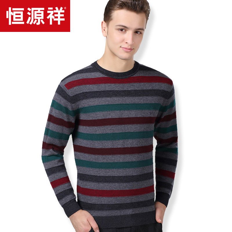 恒源祥男士羊毛衫春秋季新款中年半高领毛衣圆领条纹针织衫男装 175/110/L 23058557中灰