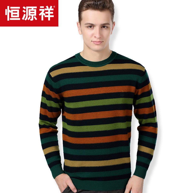 恒源祥男士羊毛衫春秋季新款中年半高领毛衣圆领条纹针织衫男装 165/100/S 23058557藏青
