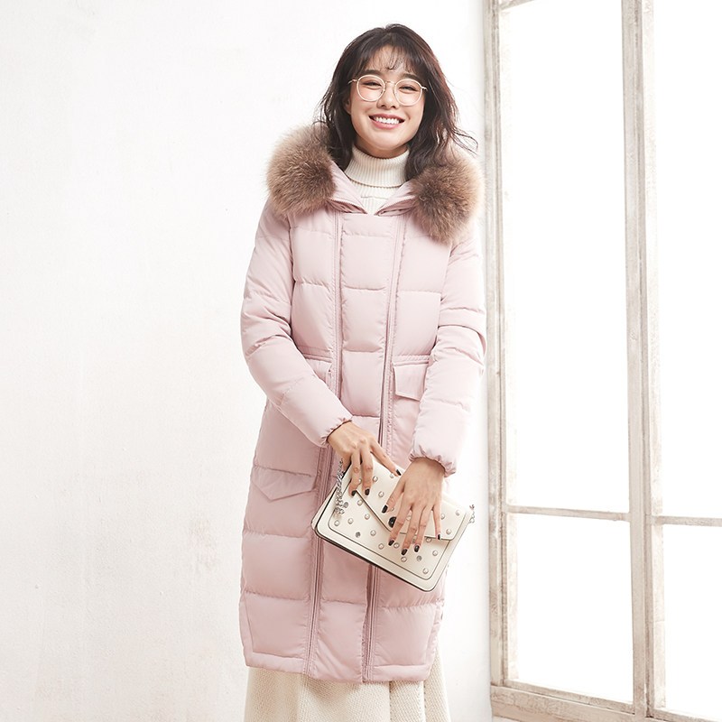 高梵(GOLDFARM)冬季时尚貉子毛领长款女士羽绒服保暖韩版外套女 贝壳粉 M