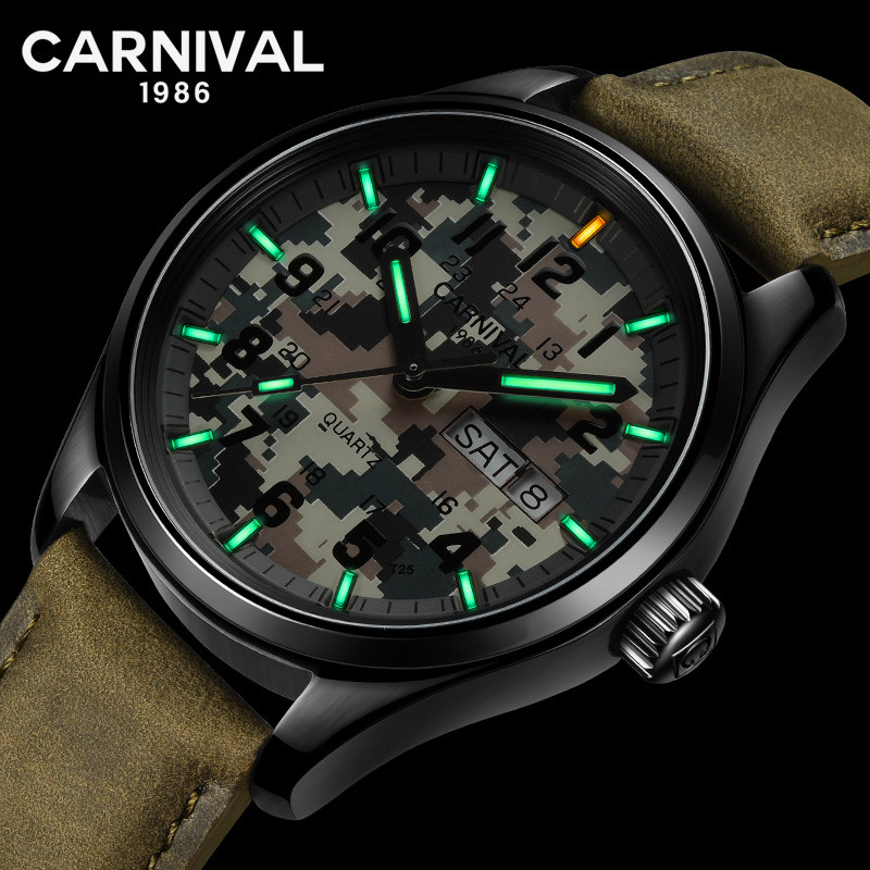 嘉年华Carnival新款瑞士品牌手表女士潮流石英表 女表简约防水正品真皮时尚气质女腕表罗马刻度带日历8871 玫白黑皮