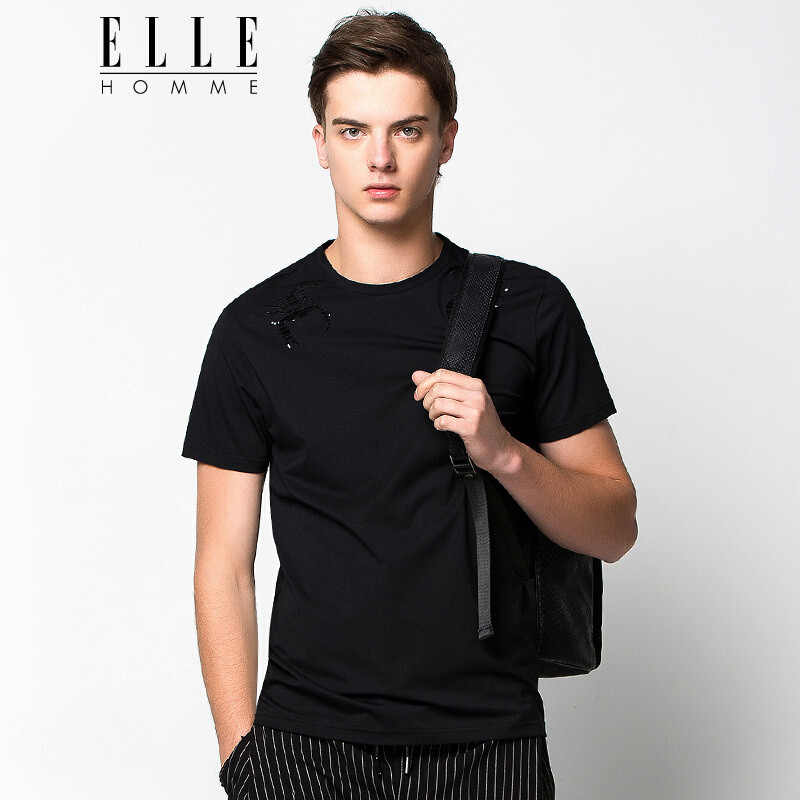 ELLEHOMME男装短袖T恤男时尚亮片刺绣圆领百搭T恤夏季新款 48/170 黑色