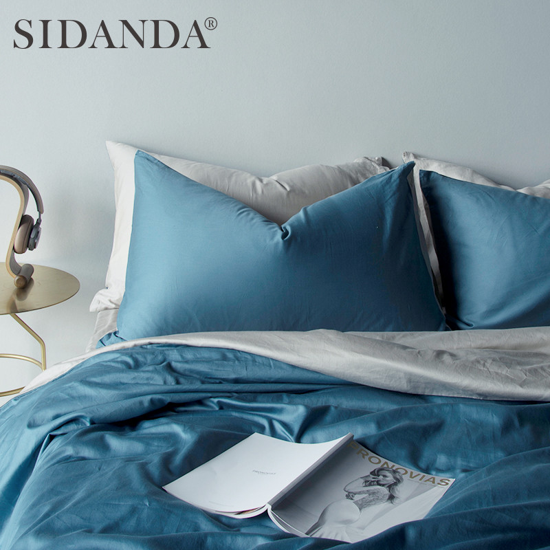 SIDANDA纯棉四件套全棉床品1.8m床上用品宿舍被套床单四件套1.5米 1.5m（5英尺）床笠款 蓝+灰