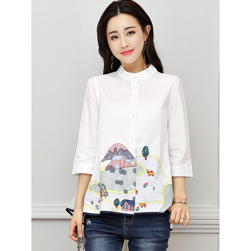 丝柏舍2018秋装新款女印花宽松短款气质休闲七分袖女士衬衫S81R0061C 白色 XL
