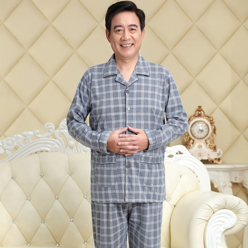 爱心鼠(Aixinshu)中老年人睡衣男春秋冬季开衫长袖长裤居家服棉质加大加肥男士爸爸休闲家居服套装7609 3XL码 1号款