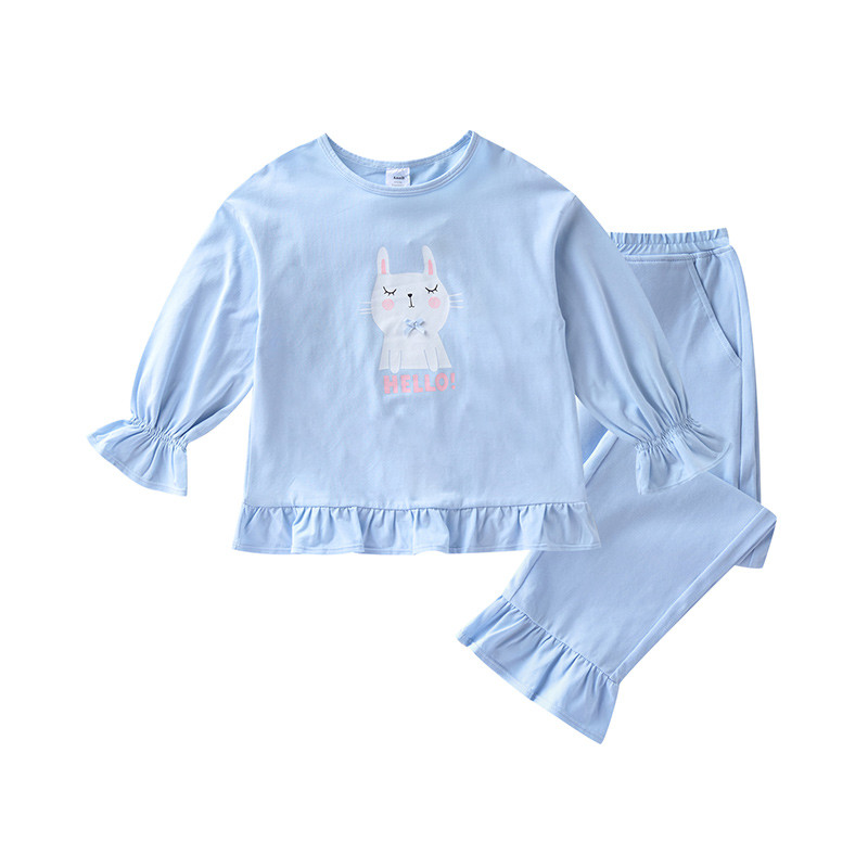 安奈儿童装女童荷叶边家居服套装2018秋季新款EG837002 120cm_ 星辰蓝