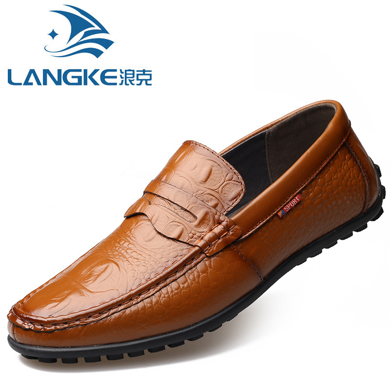浪克(LANGKE)男鞋豆豆鞋男真皮鳄鱼纹休闲皮鞋休闲鞋英伦单鞋潮懒人鞋 头层牛皮一脚蹬时尚潮流皮鞋男 金色 40码