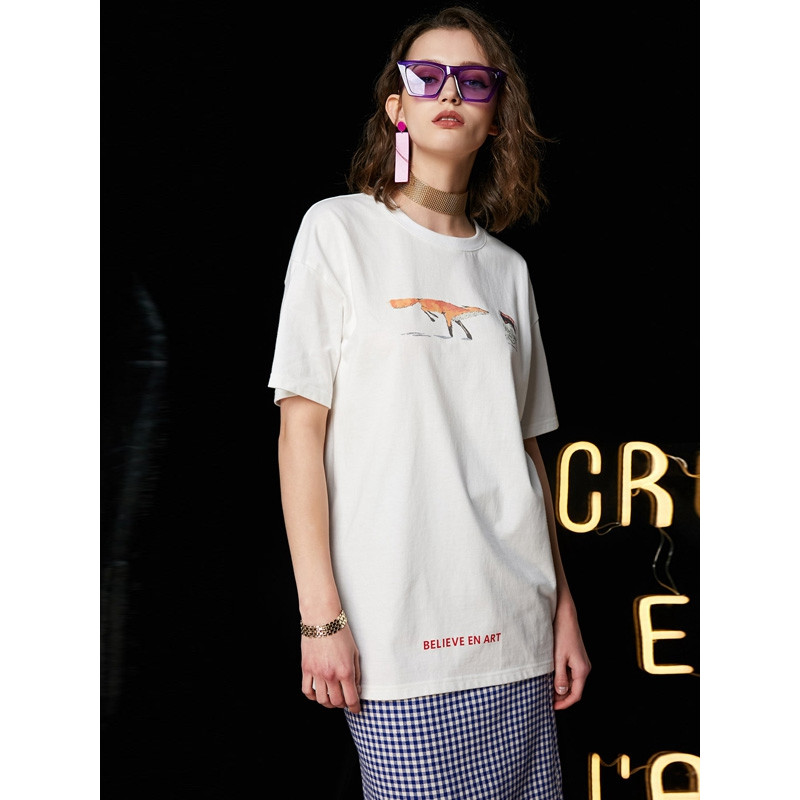 UNIFREE 18年夏季新圆领短袖狐狸图案字母宽松纯棉T恤女UH182G069 XL 白色