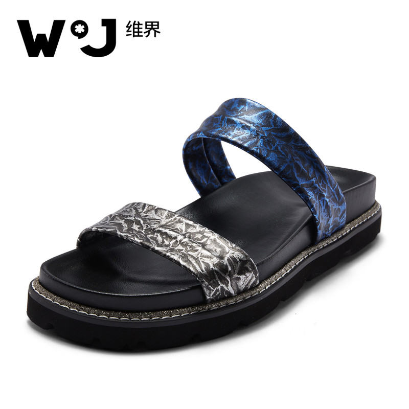 维界夏季男士新款韩版潮流真牛皮时尚百搭一字拖凉鞋沙滩鞋潮鞋男 蓝灰 38