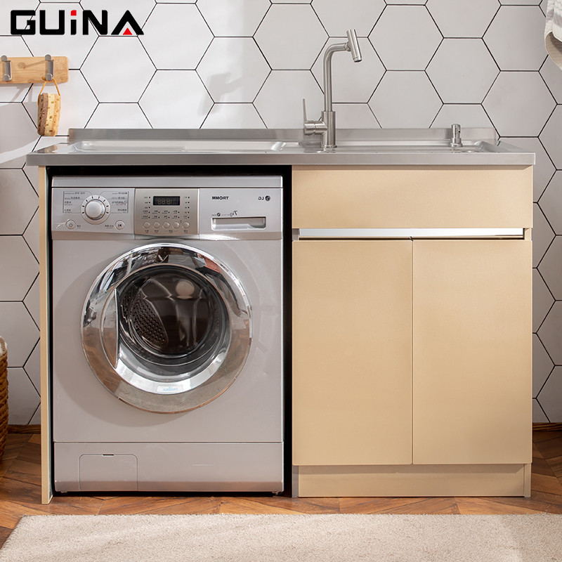 贵娜(guina) 洗衣柜 阳台洗衣池带搓板洗衣机伴侣柜 1.3M 1.3香槟金右盆