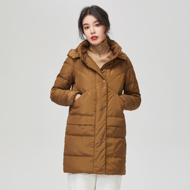高梵(GOLDFARM)秋冬韩版女士羽绒服女中长款连帽甜美可爱羽绒外套 浅焦糖 M