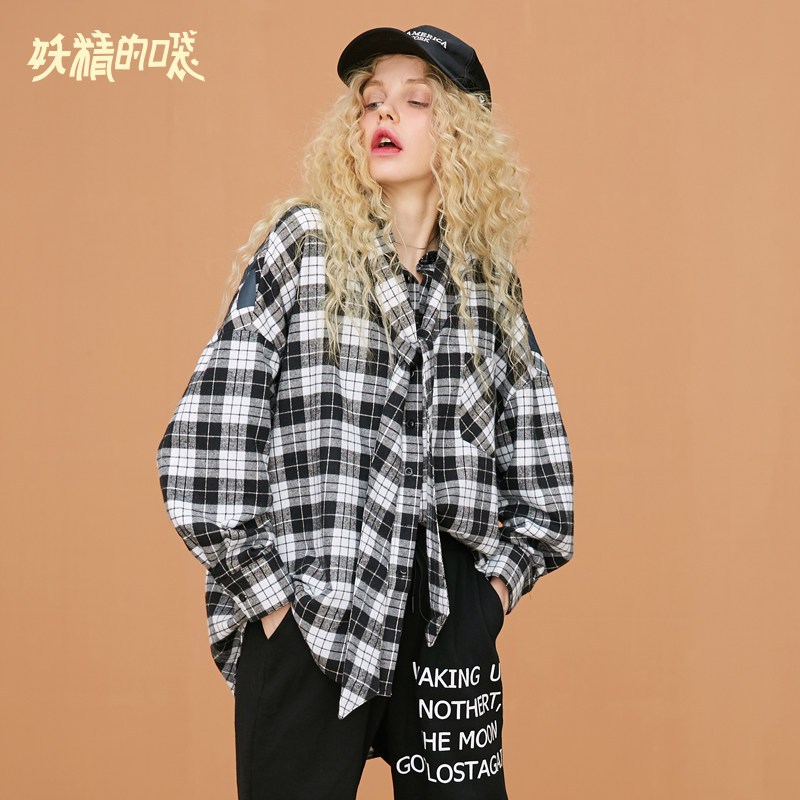 妖精的口袋Y原宿长袖女上衣秋装2018新款格子衬衣怪味少女衬衫J_1 S 黑白琴键色