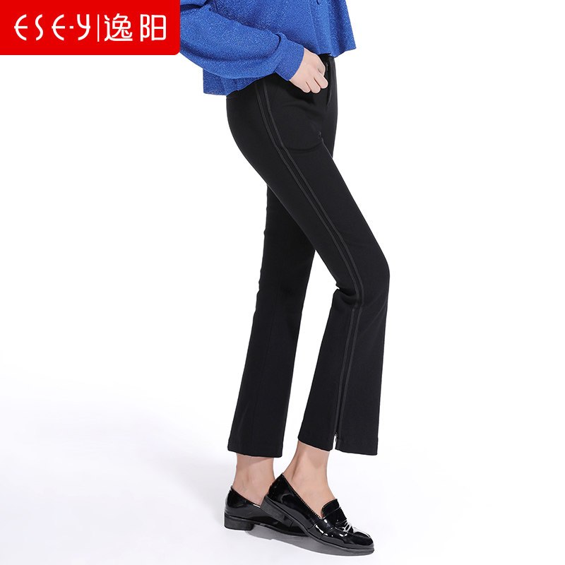 清仓秋季新款直筒校服裤女开叉侧白边宽松九分阔腿运动时尚70236 29/13 黑条