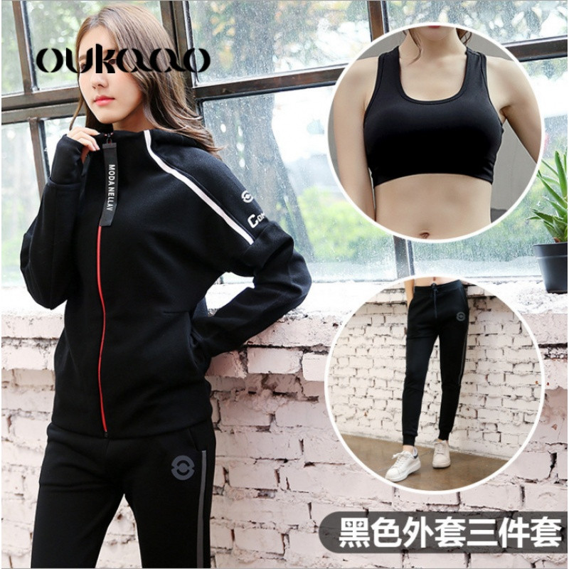欧卡奥韩国秋冬季瑜伽服女专业运动套装宽松跑步健身房晨跑速干长袖上衣 L 黑色外套三件套2