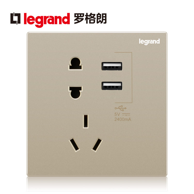 罗格朗(Legrand)开关插座面板逸景金色5五孔二三插多孔86型墙壁家用暗装电源插座 双USB五孔 逸景米兰金