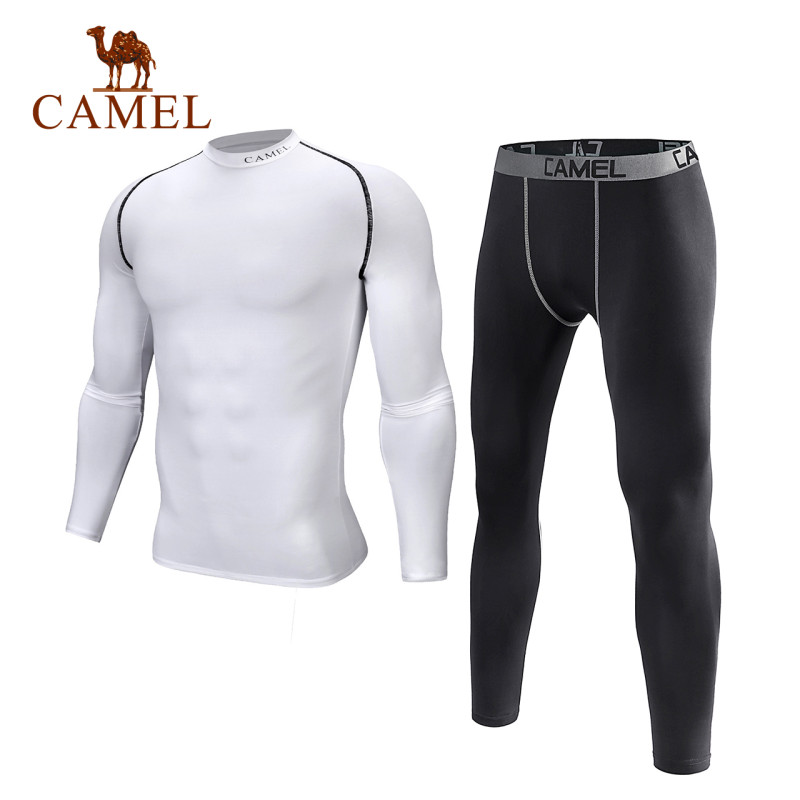 CAMEL骆驼户外速干套装 2018秋冬新款男款跑步健身运动训练紧身速干衣裤套装 L J8TZ103103，（白+黑）两件套