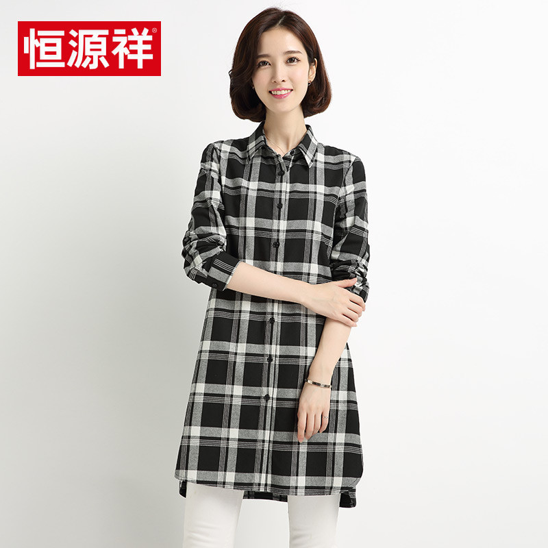 恒源祥（带防伪）秋季新款中长款纯棉格子衬衫女长袖休闲衬衣宽松女装外套 170/XL C507-黑色2号