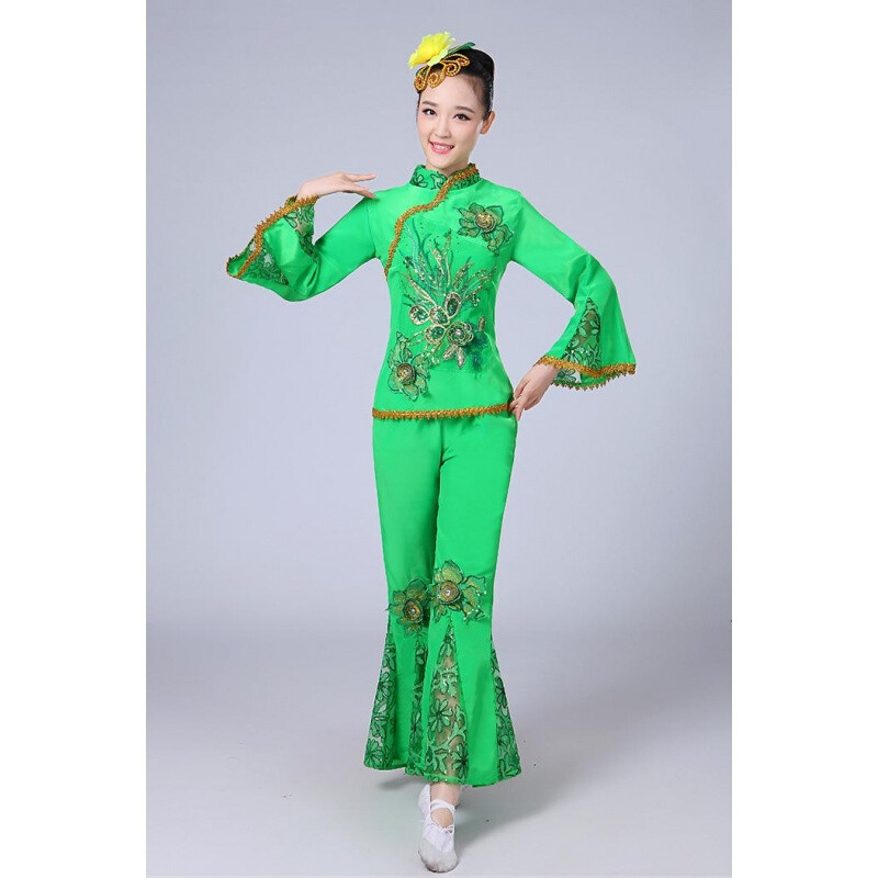 民族舞蹈服装女中老年扇子舞演出服秧歌服广场舞套装 XL 绿
