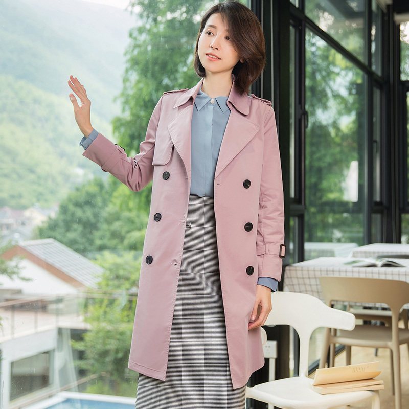 恒源祥纯色风衣女双排扣2018秋冬季新款端庄大气中长款外套女系带 170/XL 粉色