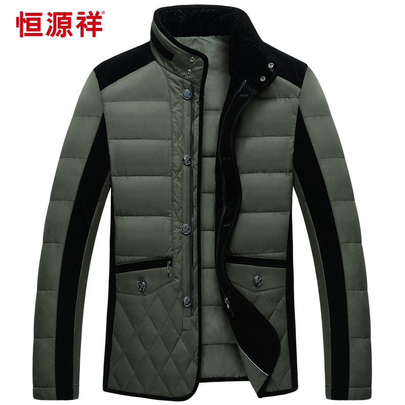 恒源祥秋冬新款保暖男士羽绒服立领白鸭绒中年爸爸装商务加厚外套_1 185/100A 军绿
