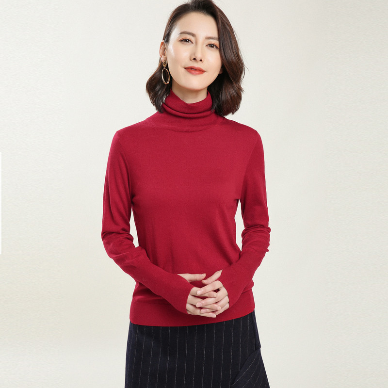 恒源祥高领针织衫女手套袖2018秋冬新款堆堆领纯色打底衫套头毛衣衫 160/S 大红