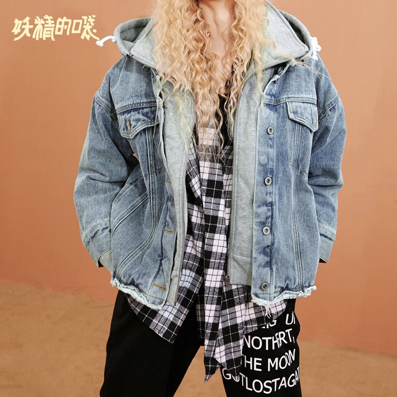 妖精的口袋Y棉服牛仔外套复古秋装2018新款拉链原宿风牛仔棉衣女R_1 S 水洗蓝色
