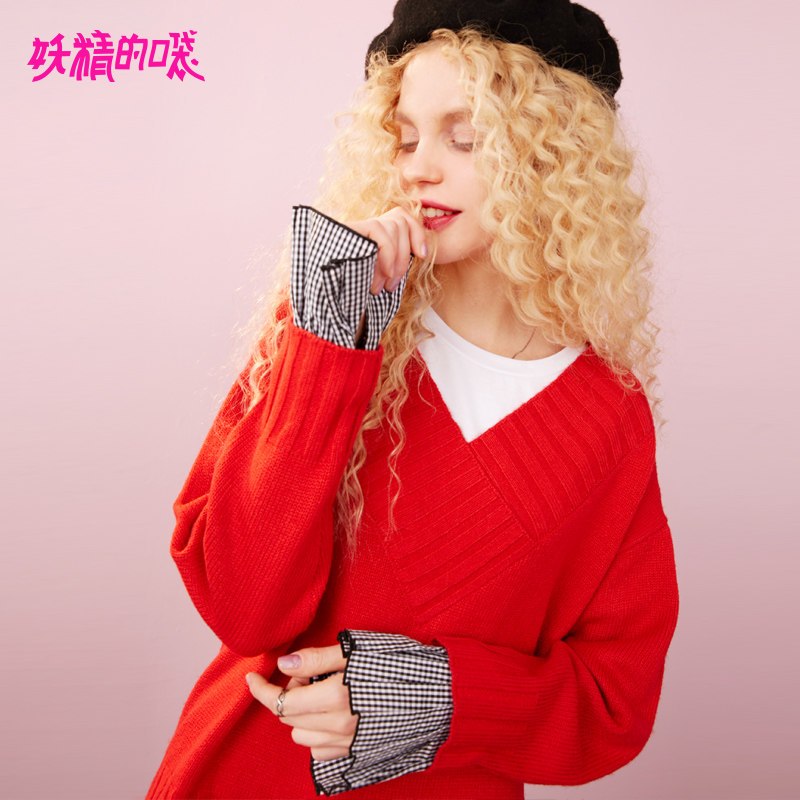 妖精的口袋Y套头衫女秋装2018新款V领短款宽松荷叶袖红色毛衣女J S 果酱红色