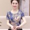 妈妈装夏装短袖T恤中年妇女40-50岁V领碎花小衫中老年上衣薄 XL适合125-135斤 紫色6623