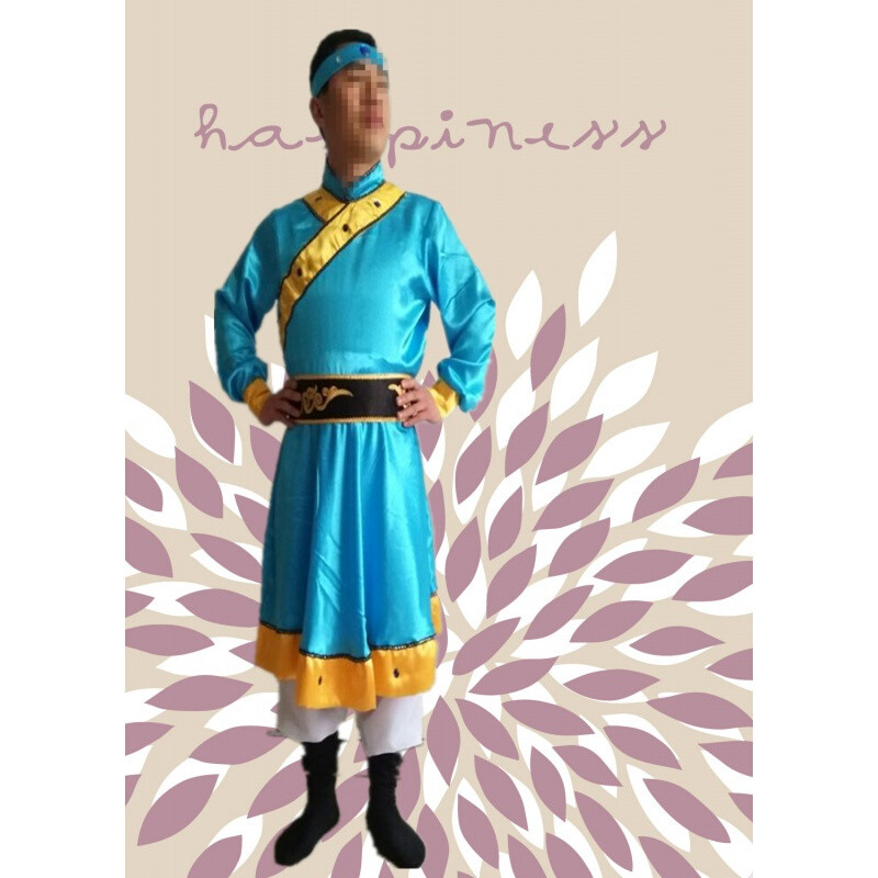 蒙古族服装男士蒙古袍蒙古马头琴演出服装表演服装舞台装lm_8 130(建议身高126-135厘米) 湖蓝色
