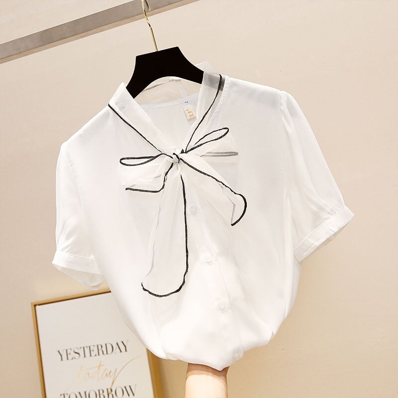 雪纺短袖女夏2018新款韩版上衣甜美蝴蝶结小衫衬衫超仙洋气 XL 白色