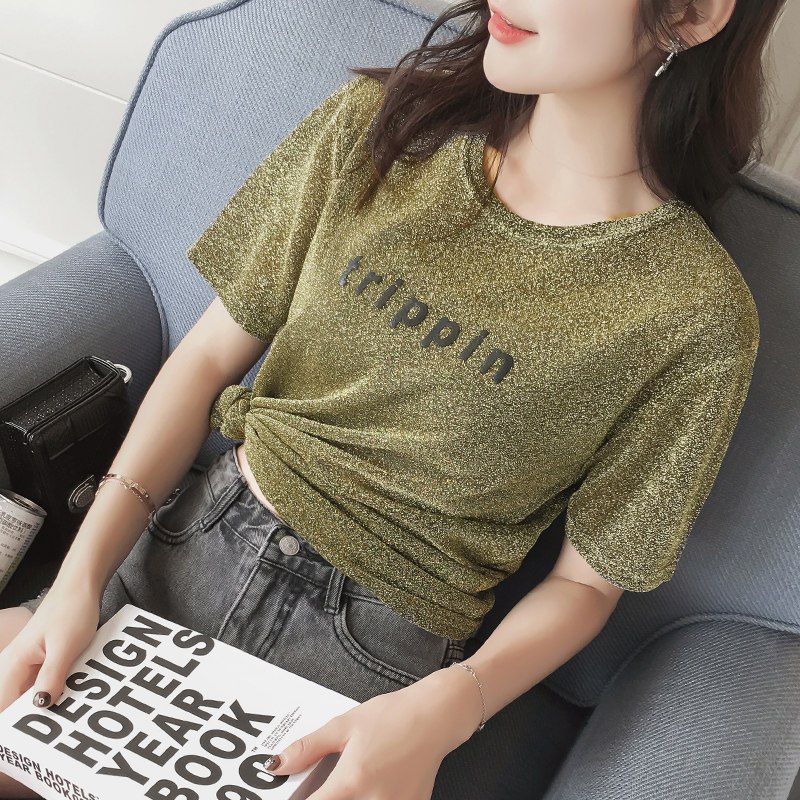 韩版2018夏季新款半袖字母亮丝时尚短袖T恤圆领宽松打底衫女上衣 XL 金色