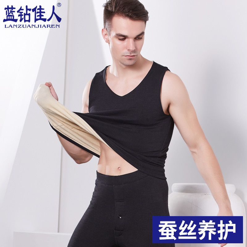 蓝钻佳人情侣保暖上衣男V领宽肩保暖马甲保暖衣女 蚕丝保暖背心女 XL 男款深灰