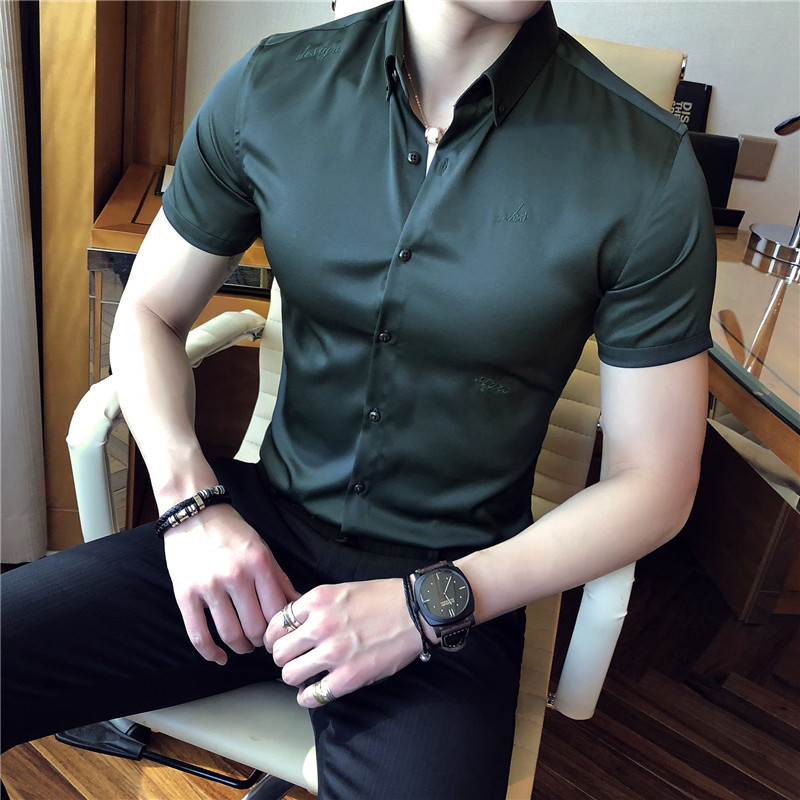 男士短袖衬衫韩版青年修身帅气百搭青年商务休闲青年衬衣半袖免烫_1_6 2XL 墨绿色