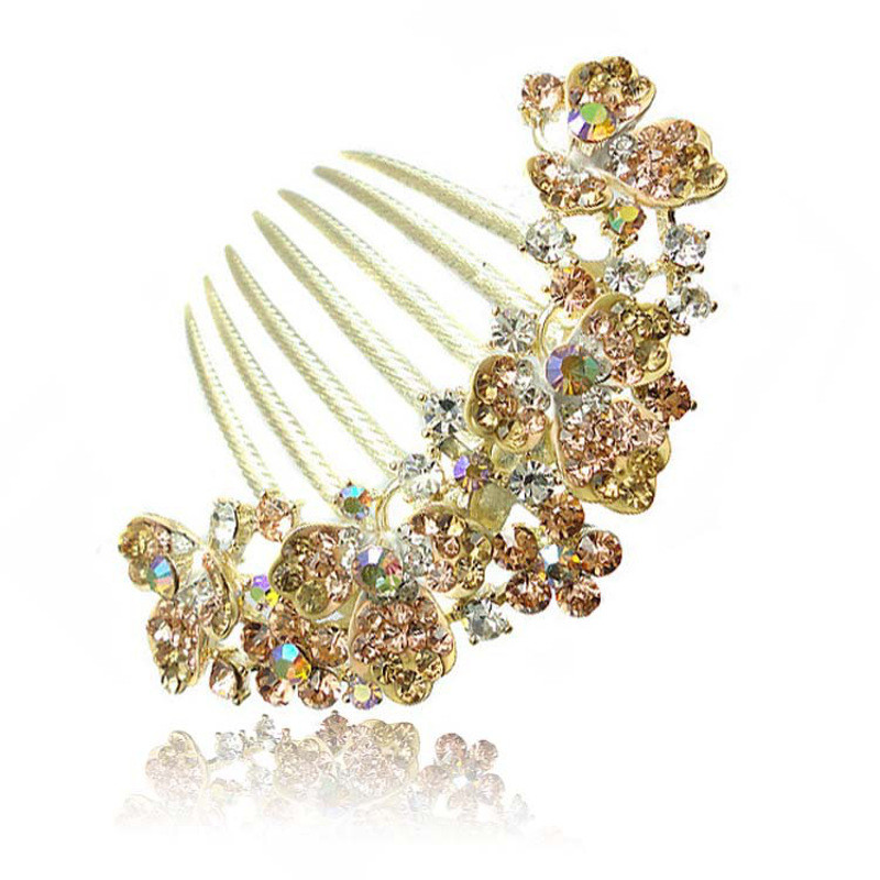 新娘饰七齿插梳花朵婚纱头饰滴油合金梳饰品梳YWXL5303送女朋友七夕情人节礼物_9 香槟