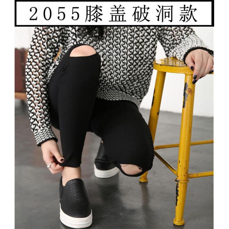 破洞打底裤胖mm薄款2018款高腰200斤韩版力脚九分裤_2_8 5XL 黑色（2055膝盖破洞）