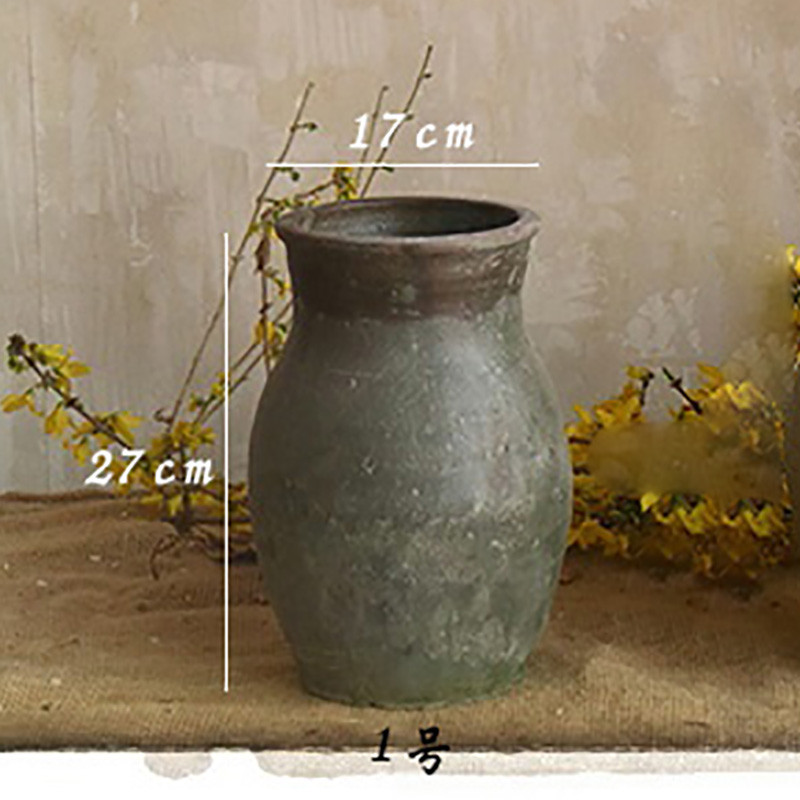 手工粗陶陶罐陶坛子花器花瓶做旧仿古软装家居摆件干花软装饰品*y_2 1号绿灰色