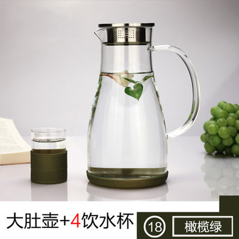 家用时尚大容量凉水壶玻璃耐高温冷水壶凉水杯子花茶壶果汁壶套装送女朋友七夕情人节礼物_5_1 橄榄绿大肚壶+4小杯