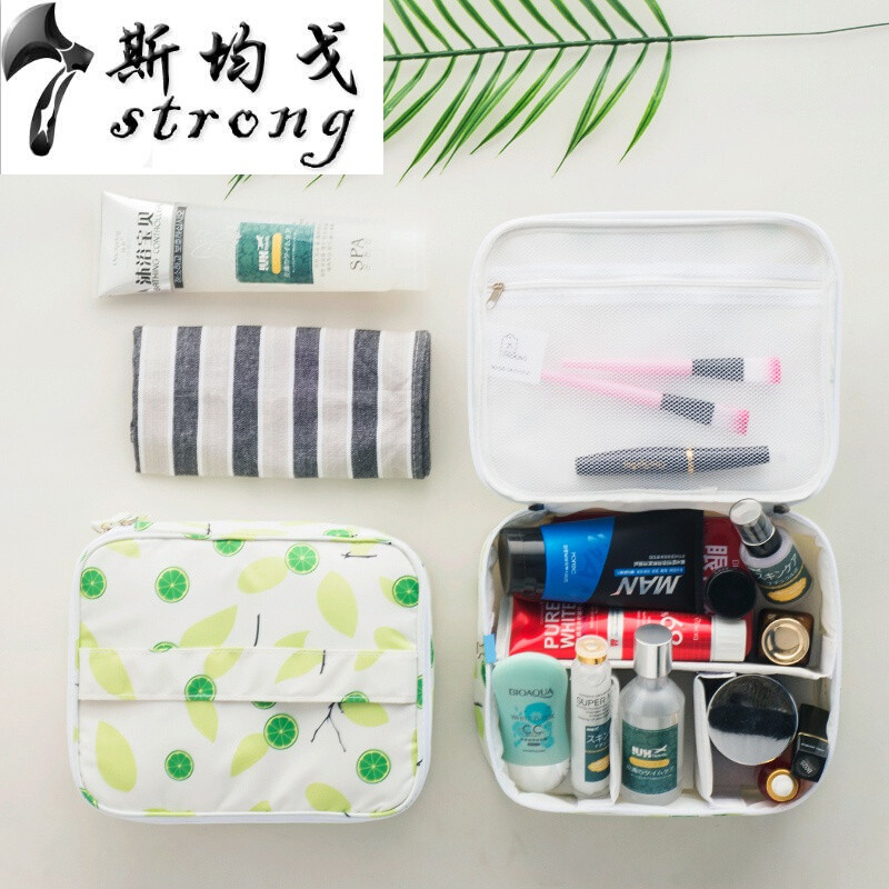 少女心化妆包可爱小号便携大容量多功能韩版简约便携化妆品收纳包浅蓝色半月包_1 白底绿桔色-B款