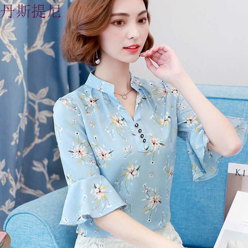 中袖条纹雪纺衬衫女士夏装2018韩版短袖娃娃衫上衣服百搭衬衣 2XL 蓝色