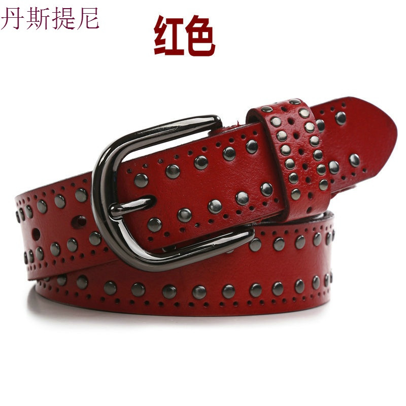 牛仔裤皮带女款真皮女士皮带时尚宽休闲腰带女牛皮铆钉男朋克潮土黄色_8 默认尺寸 80156红色