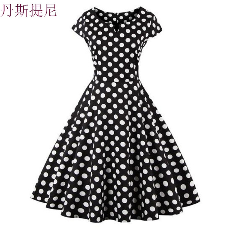 欧美赫本复古波点印花加大码显瘦高腰中长款大摆礼服打底连衣裙女_2 2XL 黑波点