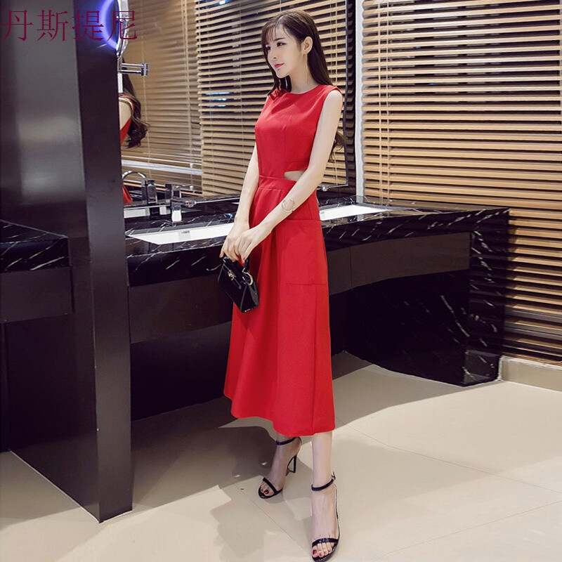 2018夏季女装时尚性感露腰修身显瘦收腰连衣裙气质小礼服长裙 L 红色