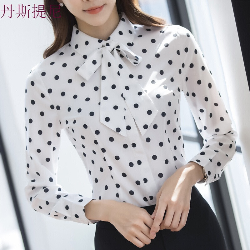 2018春装寸衫韩范蝴蝶结长袖百搭雪纺衫女士小衫波点衬衫衣潮_9 3XL 白色