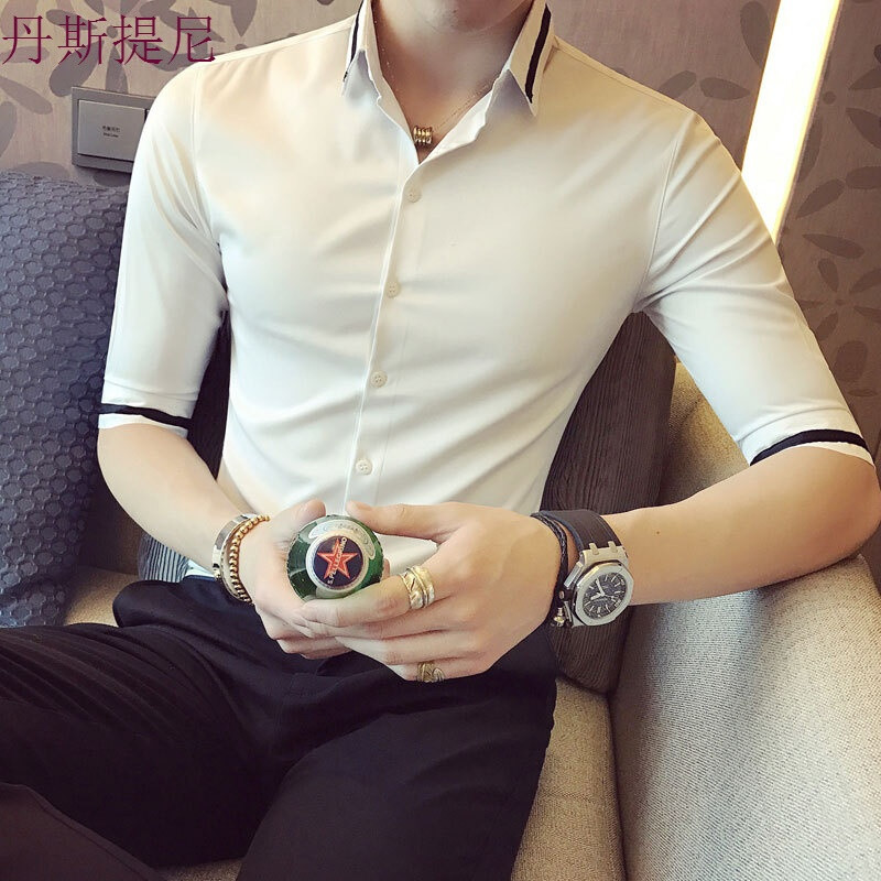 夏季男士印花短袖衬衫韩版修身七分袖衬衣型师男装青年潮流中袖白色C284白色_6_5 2XL C279白色