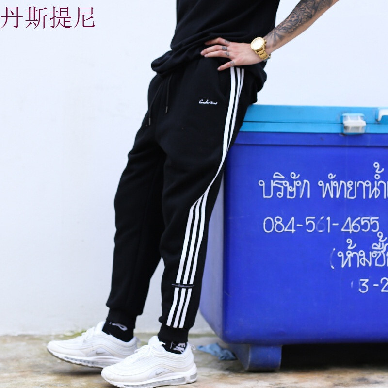 冬季加绒加厚哈伦卫裤条纹拼接运动裤潮牌撞色休闲裤子收口束脚裤 L 黑色