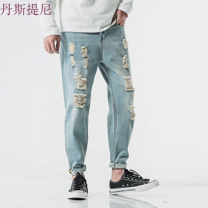 2018夏季新款破洞九分牛仔裤男士加肥大码修身小脚裤韩版潮男裤子_1 30 浅蓝色